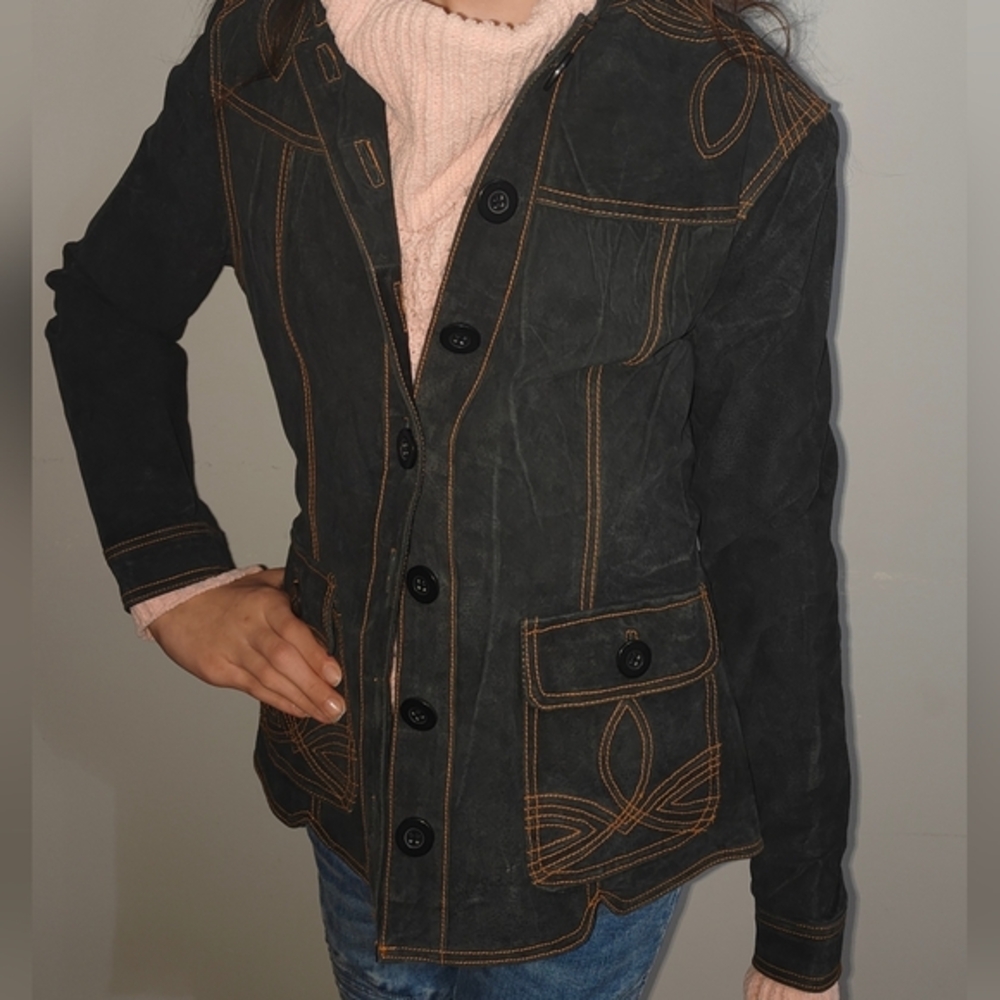 NWT Jennyfer J Genuine Leather Jacket With Embroidery Detailing
